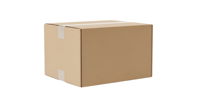 A plain, closed cardboard box on transparant background, ready for shipping.