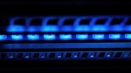 Blue server rack LEDs glowing in dark data center, forming futuristic digital symmetry