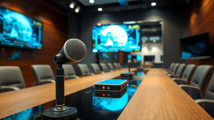 Microphone stands ready in a modern conference room, complete with screens, comfortable chairs, and a long, polished table for productive meetings.