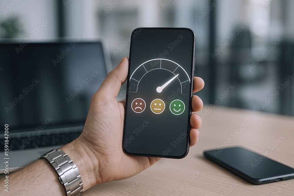 Poster hand holding smartphone with speedometer app showing happy mood indicator in modern office setting.