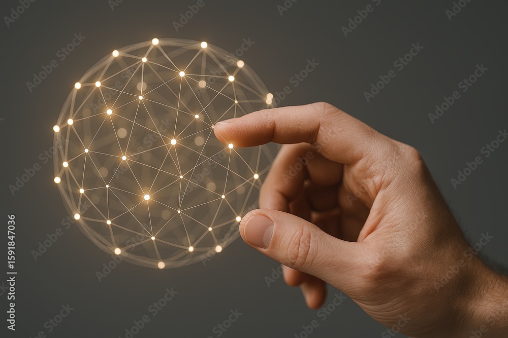 Poster hand touching a digital network sphere with glowing network connections and light points.