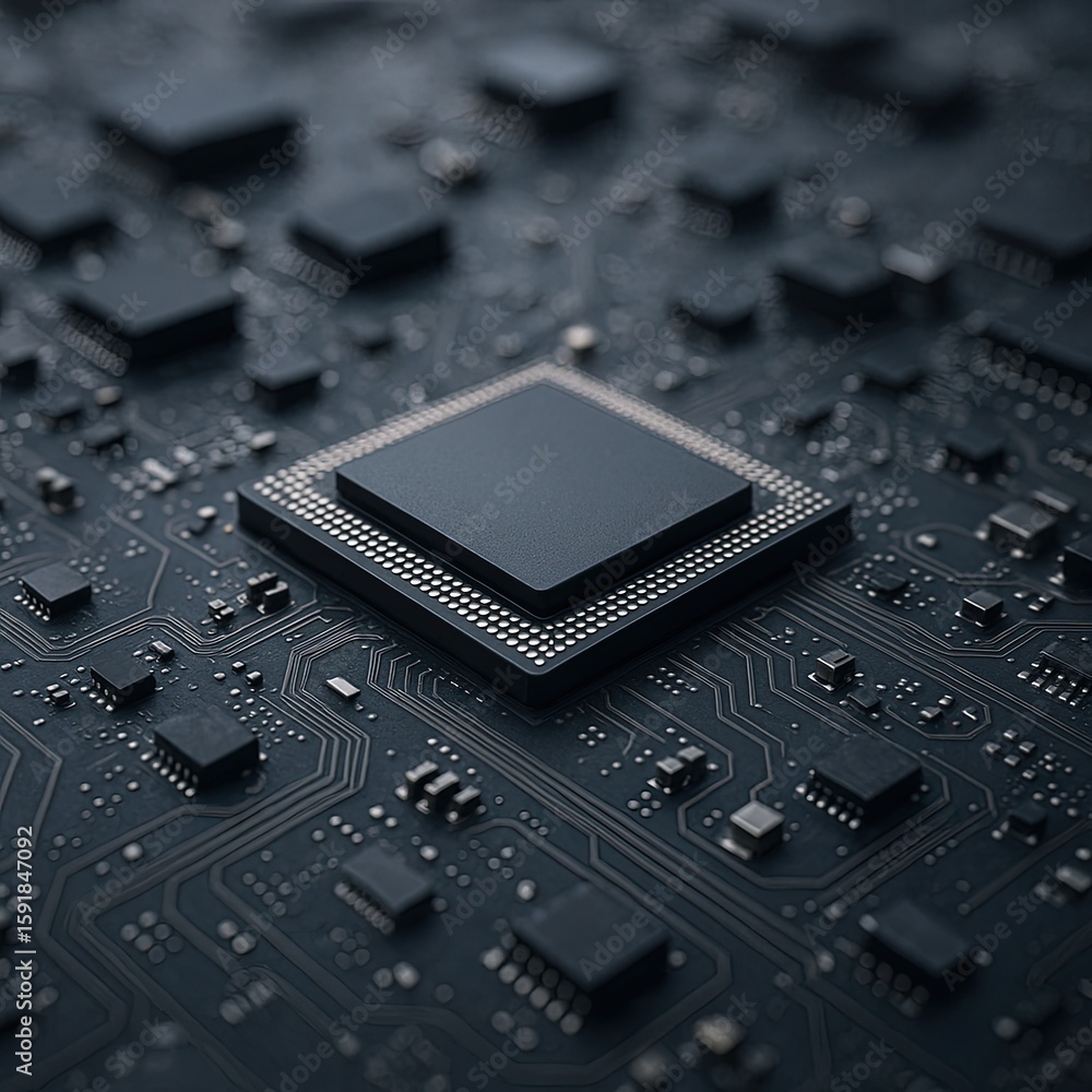 Aufkleber close-up detailed view of a modern microprocessor chip on a dark printed circuit board.