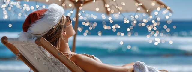 Woman in swimsuit and Santa hat holiday scene