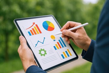 Businessperson analyzing financial data and charts on tablet outdoors in nature setting.