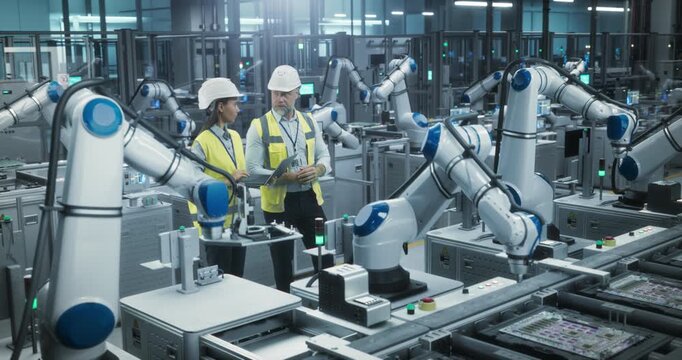 Caucasian Engineers Standing in an Industrial Facility, Using Laptop Computer at an Electronics Factory. Female and Male Specialists Chatting, Monitoring Assembly Robots on a Modern Production Line