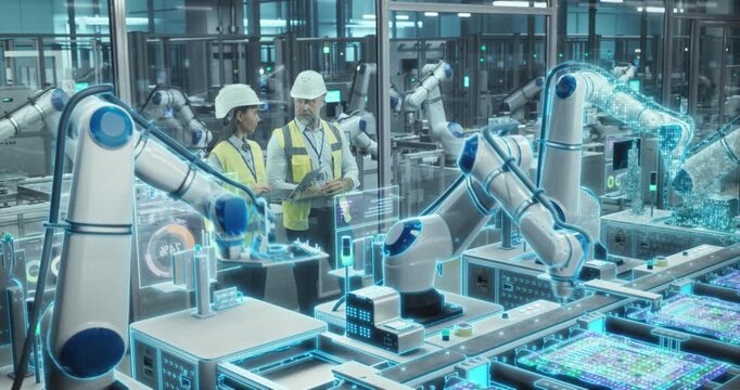 Young Female Engineer and Male Technician Having a Conversation and Using a Laptop Computer. Modern Electronics Factory with Digital Visualization with Automated Assembly Line