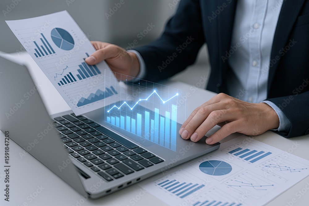 Aufkleber business analyst analyzing data using laptop with graphs and charts for financial growth.