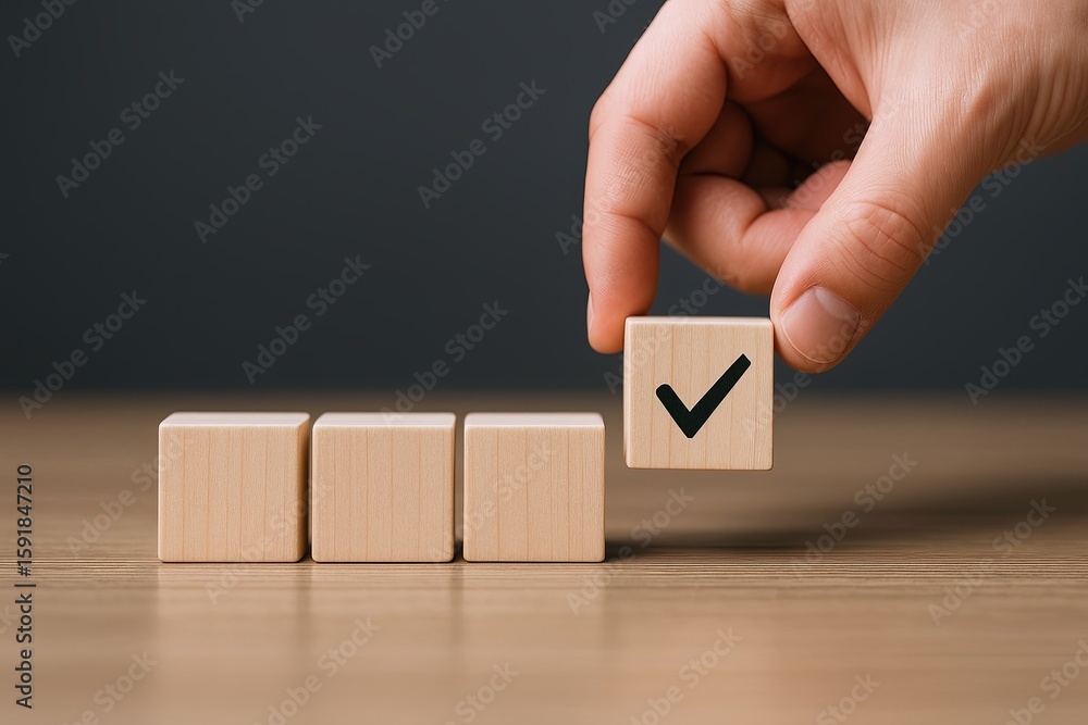 Poster hand placing a checkmark wooden block on a row of wooden blocks symbolizing completion.
