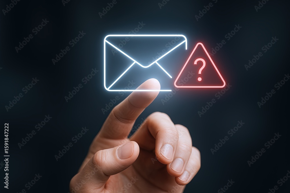 Poster digital communication concept with email icon and alert symbol illuminated in neon lights.