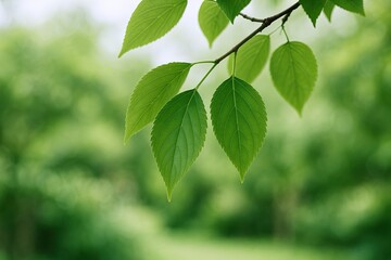 Close-up of vibrant green leaves hanging from a tree branch in a lush forest.