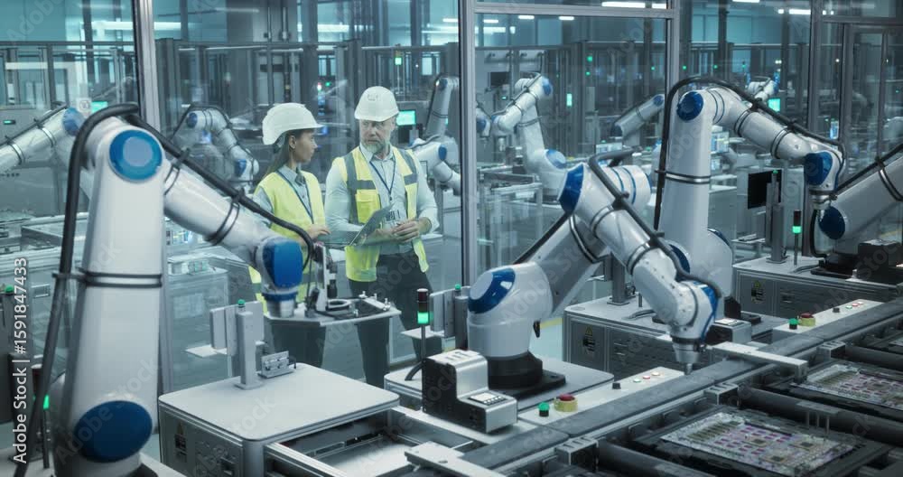 Poster factory employees using laptop and having a conversation on a production floor. robotic arms automat