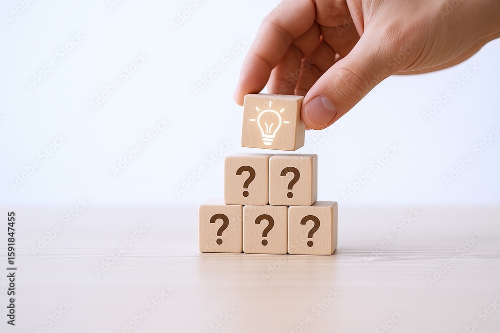 Poster hands stacking wooden blocks with light bulb and question mark icons representing ideas and curiosit