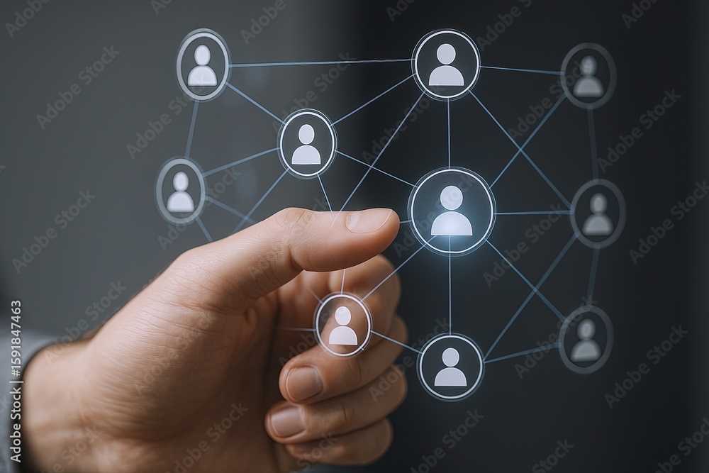 Poster hand holding digital network connection diagram with interconnected user icons on dark background.