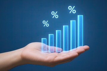 Hand Holding Digital Graph Chart with Increasing Bar Graph and Percentages.