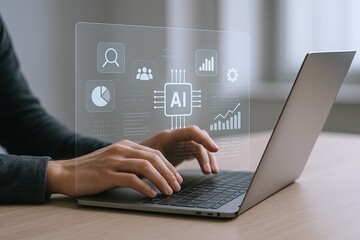 Modern AI technology interface with a person working on a sleek laptop at desk.