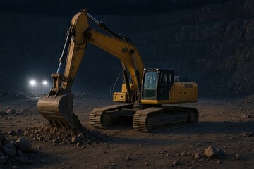 Obraz premium Large yellow excavator construction equipment working on excavation site at night.