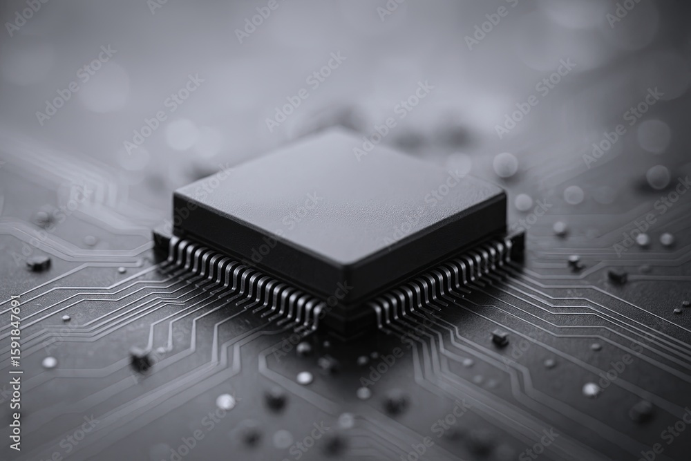 Poster close-up of a computer microchip integrated circuit on a printed circuit board.
