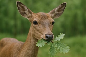 Close-up of a young deer with large ears and leafy branch in a natural green forest setting.