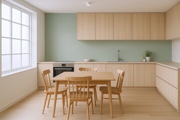 Fototapeta premium Bright modern kitchen with wooden cabinets dining table and four chairs under natural sunlight.