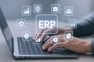 Plakat Modern business professional interacting with digital ERP software interface on laptop.