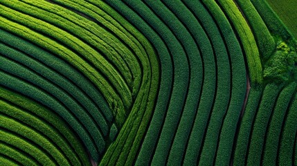 Aerial View of Lush Green Tea Plantation Terraces, Curving Rows of Crops, Agriculture Landscape, Cultivated Land, Tea Production, Natural Pattern