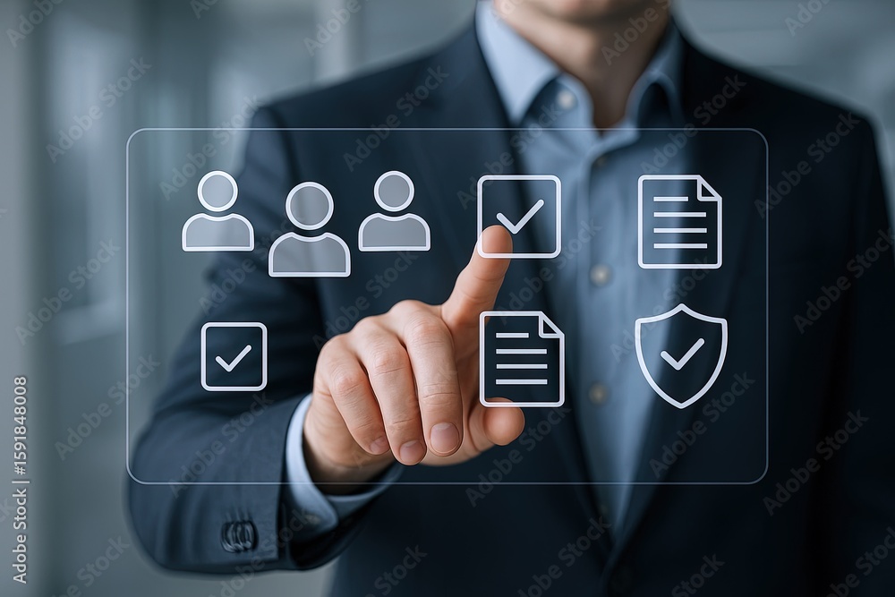 Poster business professional using digital touchscreen interface with icons for teamwork and security.