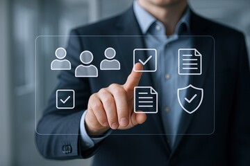 Obraz premium Business professional using digital touchscreen interface with icons for teamwork and security.