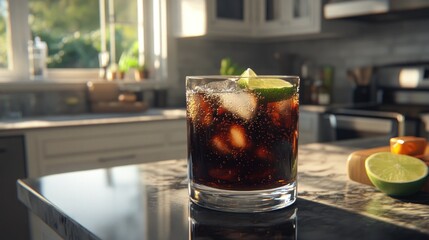 A rum and coke cocktail in a glass, ice cubes, and lime slice on a kitchen counter