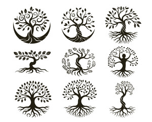 Obraz premium Collection of ornate tree silhouettes, displaying foliage and root systems on a white background