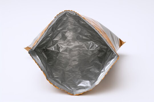 Empty metallic foil snack bag lying open with crinkled surface on white background.