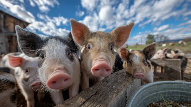 Young pigs gather near a feeding trough on a lush green farm under a blue sky.