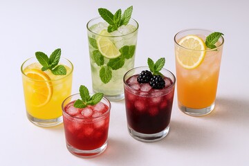 Refreshing Assorted Fruit and Herbal Teas in Tall Glasses with Fresh Mint Lemon.