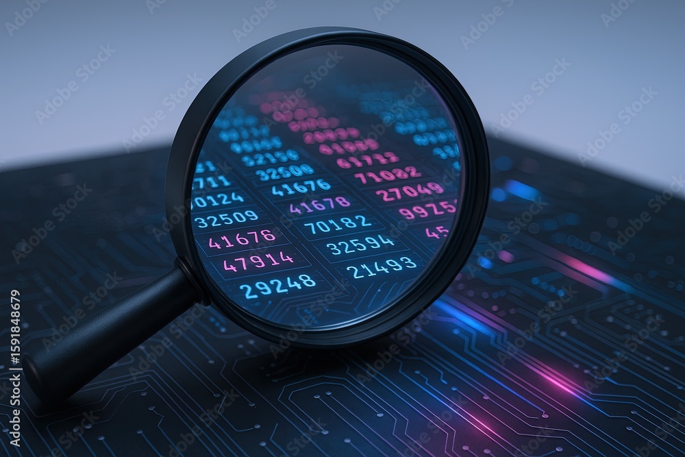 Poster close-up of magnifying glass over digital stock market data on a computer circuit board.