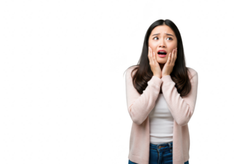 A young asian woman sits crosslegged on a transparent background, holding her face in fear with hands on her cheeks