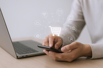 Person Using Smartphone with Digital Shopping Cart Icons and Cloud Connectivity.