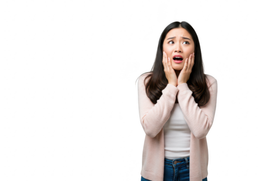 A young asian woman sits crosslegged on a transparent background, holding her face in fear with hands on her cheeks