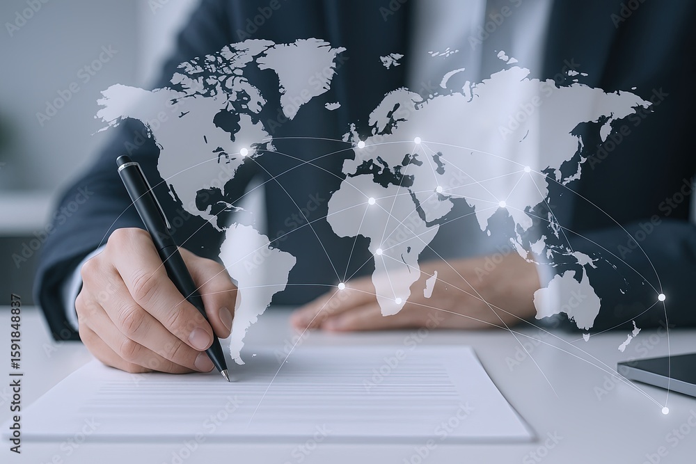 Poster businessperson writing on paper with digital world map overlay and networking visualization.
