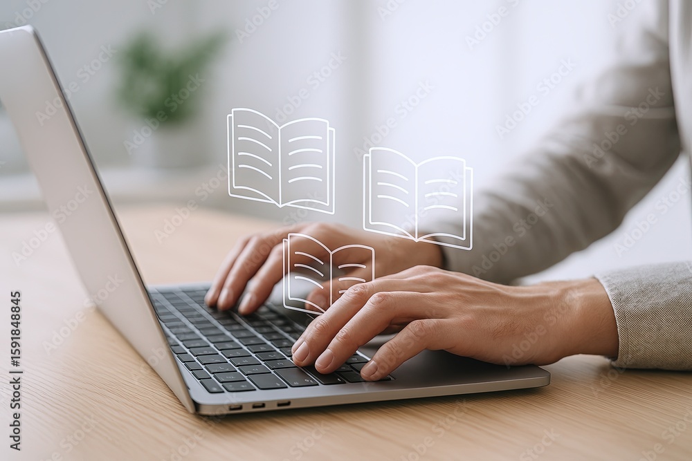Poster hands typing on a laptop keyboard with digital book icons floating above in a bright modern workspac