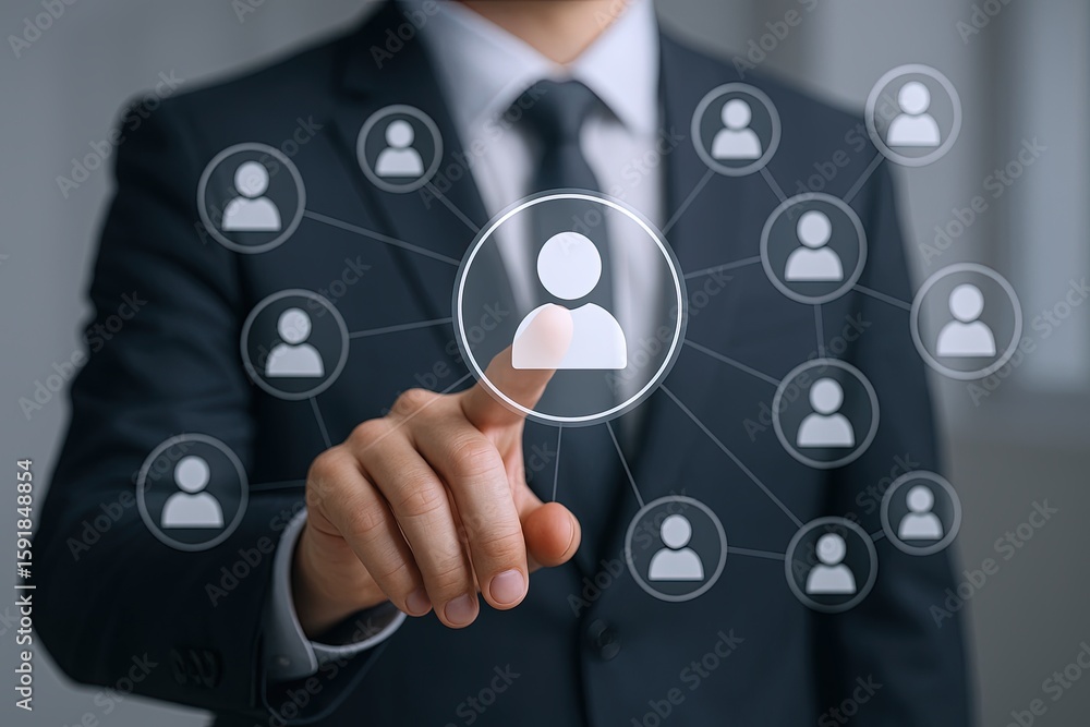 Aufkleber businessman in formal suit touching digital networking interface with connected icons.