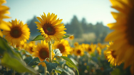 Golden sunflowers bloom in a lush summer field, basking in warm sunlight, creating a vibrant and picturesque agricultural landscape with a clear sky backdrop.