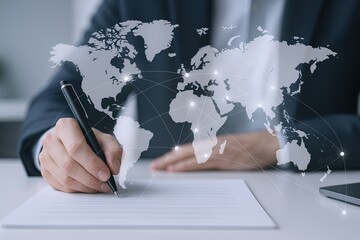 Businessperson writing on paper with digital world map overlay and networking visualization.