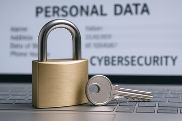 Digital security concept with padlock and key on laptop keyboard showing personal data protection.