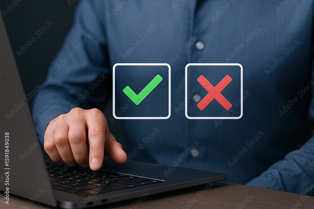Poster businessman selecting valid or invalid option with digital checkmark and cross.