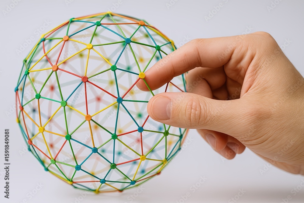 Poster hand holding a colorful geodesic sphere model showing connectivity and structure.