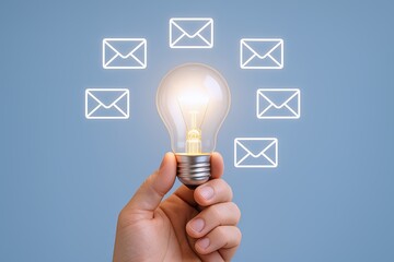 Creative Hand Holding Traditional Light Bulb With Floating Email Icons Over Blue Background.