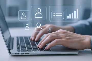 Business Professional Using Laptop with Digital User Icons and Data Analytics Overlay.
