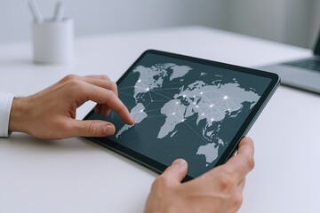 Person Using Digital Tablet Displaying World Map with Connectivity Lines in Modern Workspace.