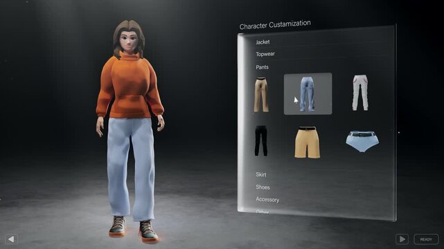 Video Game User Interface with a Player Choosing and Configuring a Character. User Dressing Up a Female Avatar and Choosing a Different Hair Style. Virtual Reality eCommerce Screen Replacement