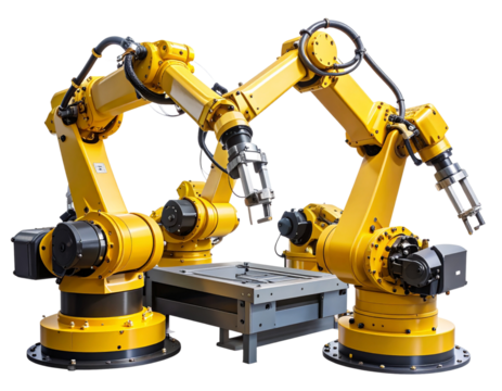 Set of industrial robotic arms performing assembly tasks, isolated on transparent background PNG