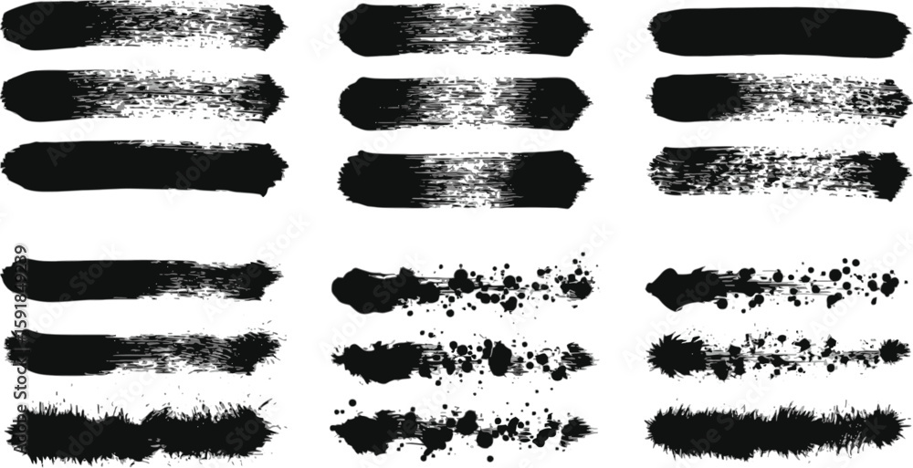 Poster vector art of set of black ink brush strokes with varying textures and shapes isolated on transparen